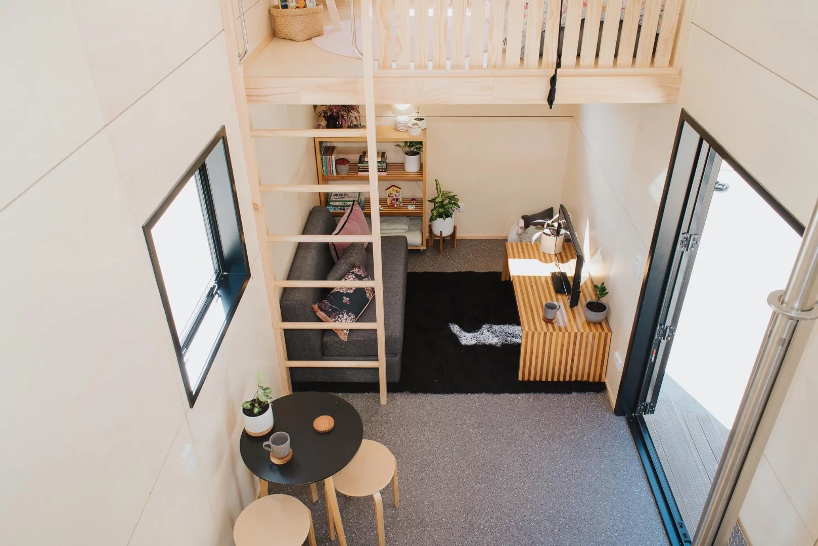 Top-down view of La Sombra Tiny House's living room