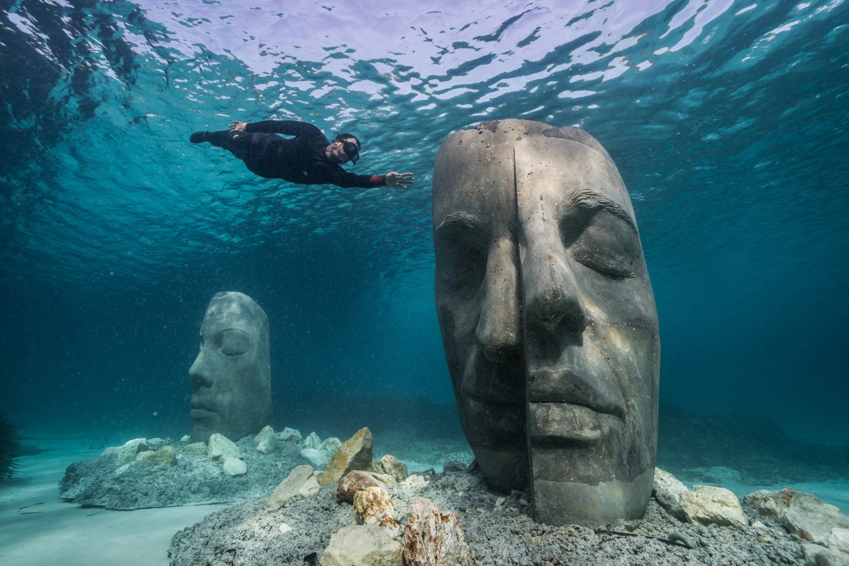 The Underwater Museum of Cannes consists of six head-like sculptures, each of which weighs 10 tons