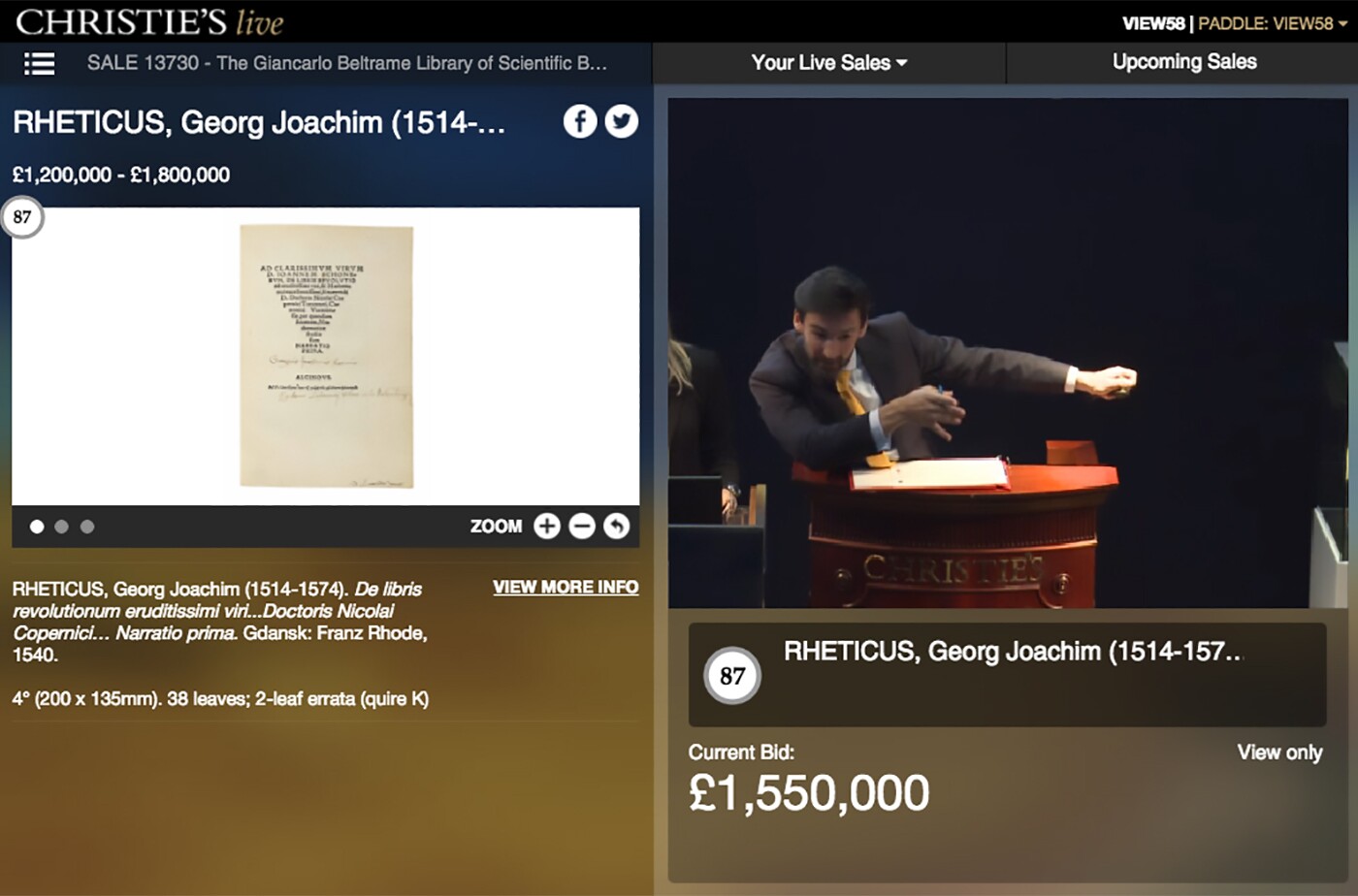 As we predicted last week in our preview of this lot, this copy of De Libris Revolutionum Eruditissimi Viridoctoris sold above it's estimate, fetching £1,818,500 ($2,402,292)