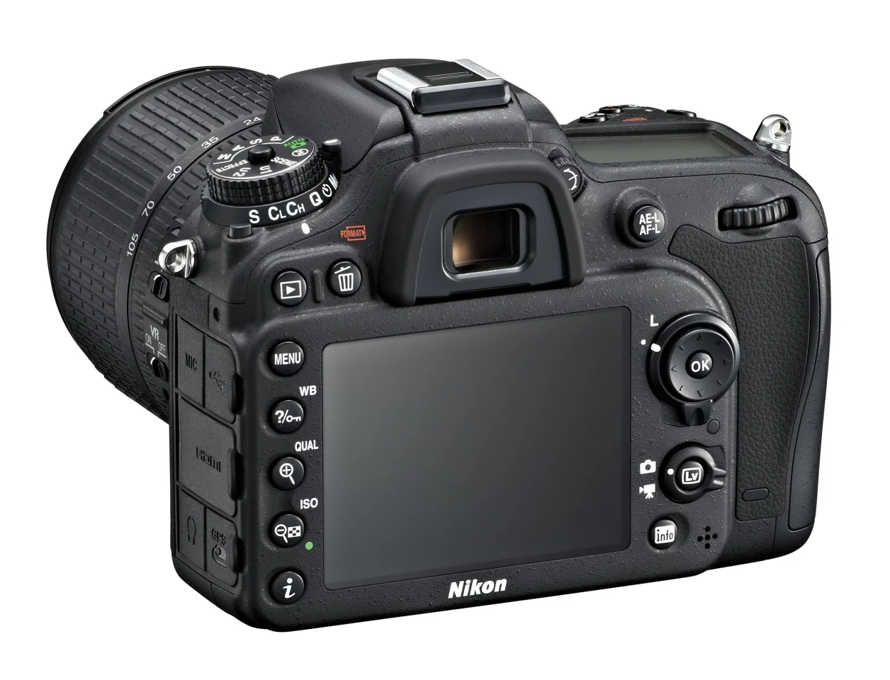 The 100 percent coverage optical viewfinder on the Nikon D7100 has been given an OLED display