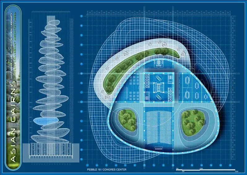 For energy, the designs feature plenty of photovoltaic and photo thermal solar cells, along with axial wind turbines spread along the top of each section