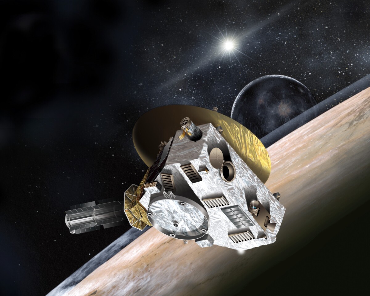 Artist's concept of New Horizons flying past Pluto (Image: NASA)
