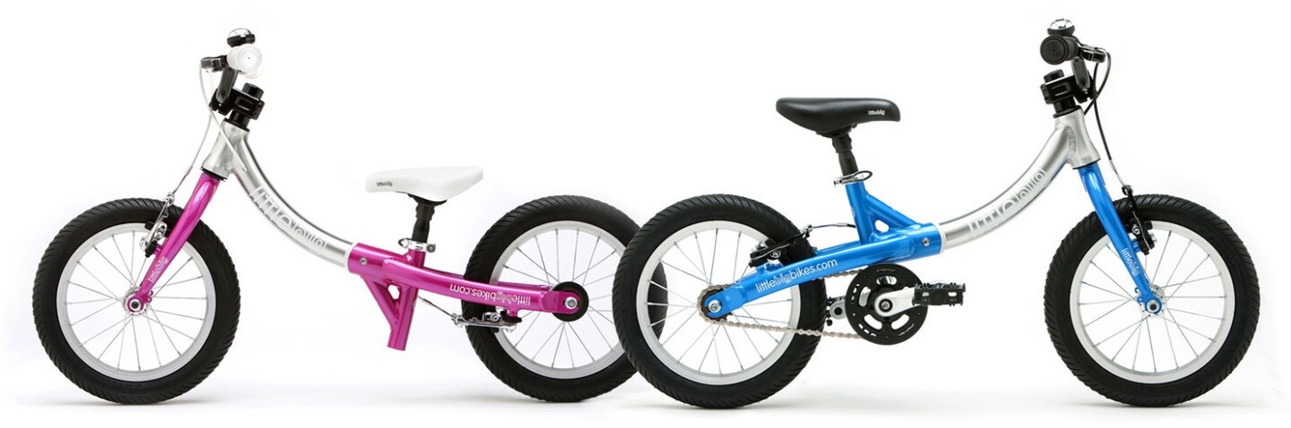 A 12-inch LittleBig balance bike, and a reconfigured 16-inch pedal bike version