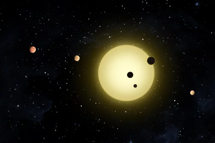 Thousands of exoplanets, like the Kepler-11 system (pictured), have been found within the Milky Way, but a new study has spotted the first extragalactic exoplanets some 3.8 billion light-years away