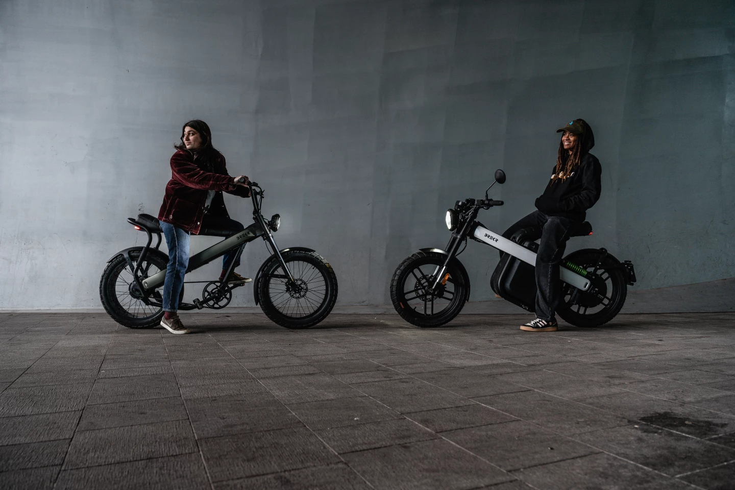 Brekr's second electric two-wheeler, and the company's first ebike: the Model F (left) poses with the Model B (right)