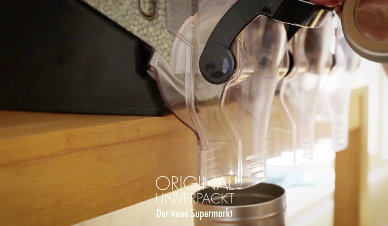 Products are sold in bulk using gravity bins (upside-down containers with a lever where the user can decide exactly how much they need)