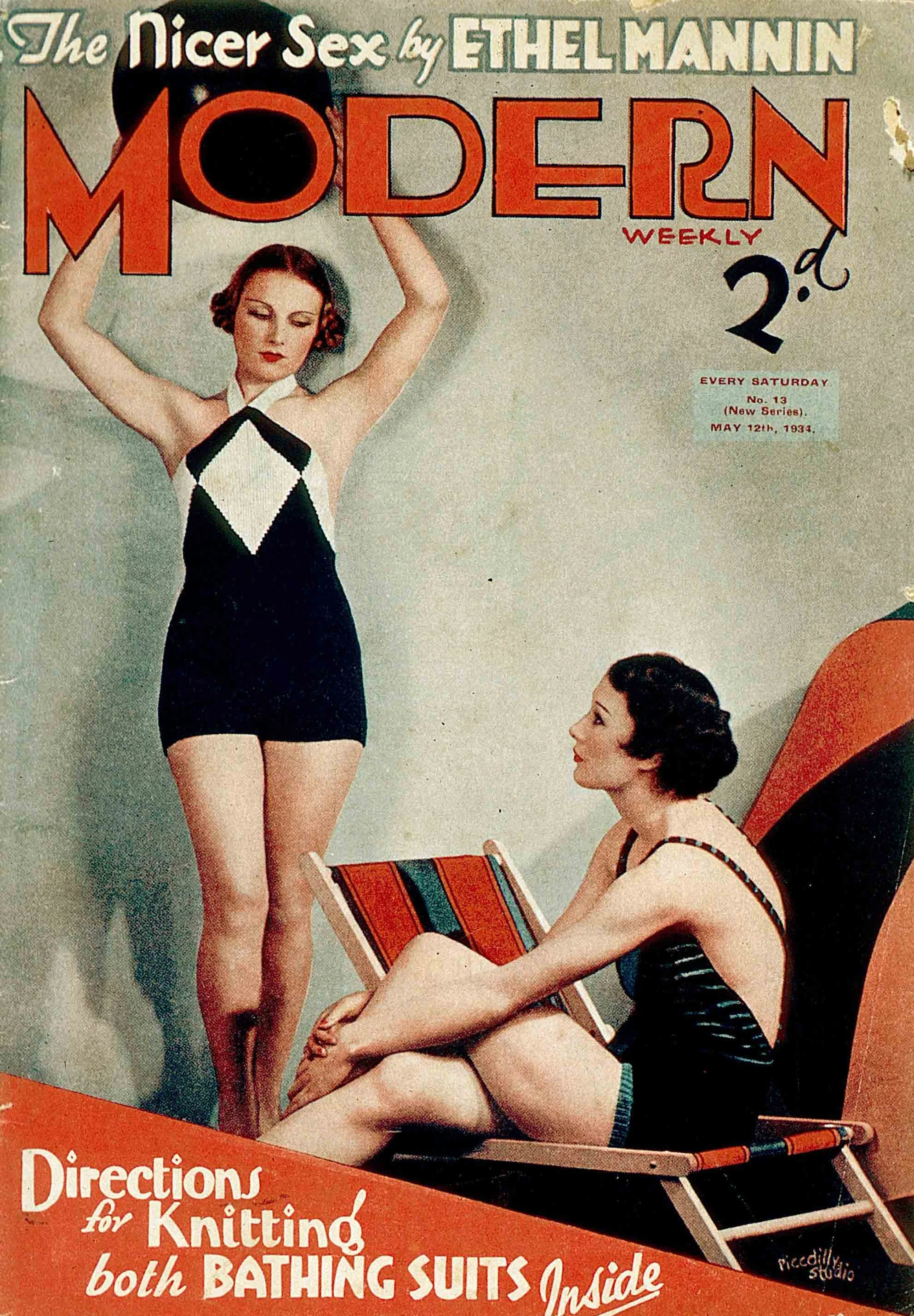 Cover of Modern Weekly Magazine, 12 May 1934 shows design for knitting your own woolen swimming costume