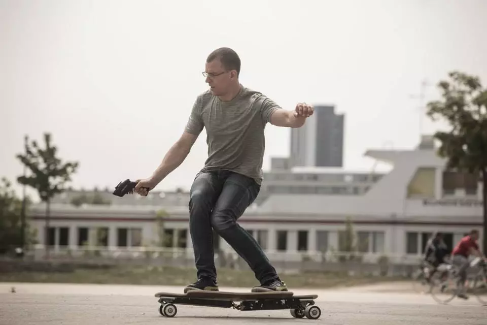 Mischo Erban (Guinness world record holder for fastest skateboard speed from a standing position) recently test-rode the Next Board in Vienna