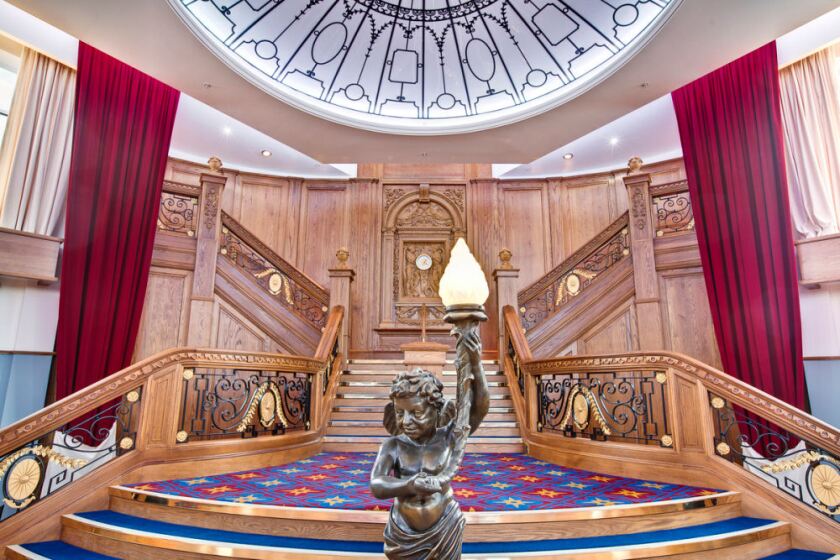 The replica Grand Staricase is made from red oak similar to that used on Titanic