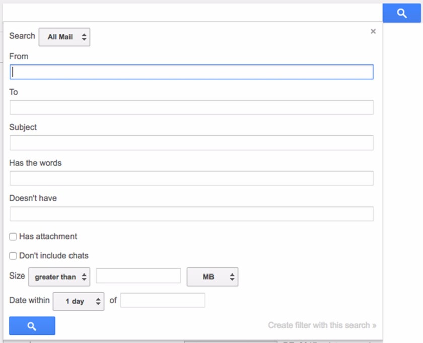 Gmail's search box lets you dial in your searches by size, attachment and more