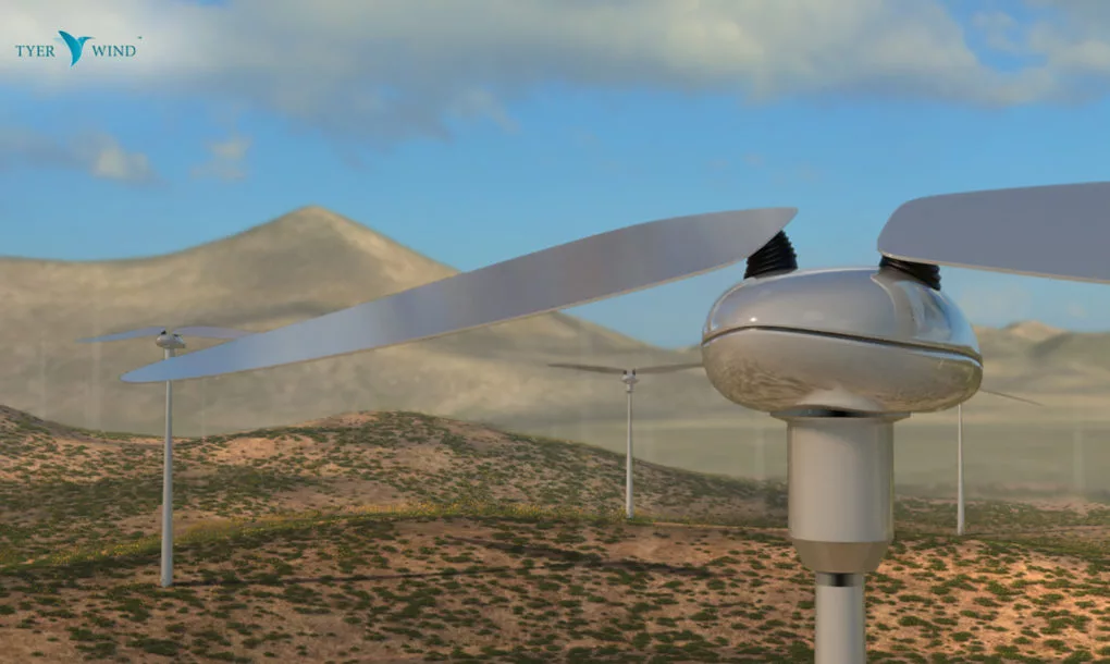 Vertical axis wings of the Tyer Wind turbine are 5.25 feet in length (1.6m) for a total sweep area of 11.7 feet (3.56m)