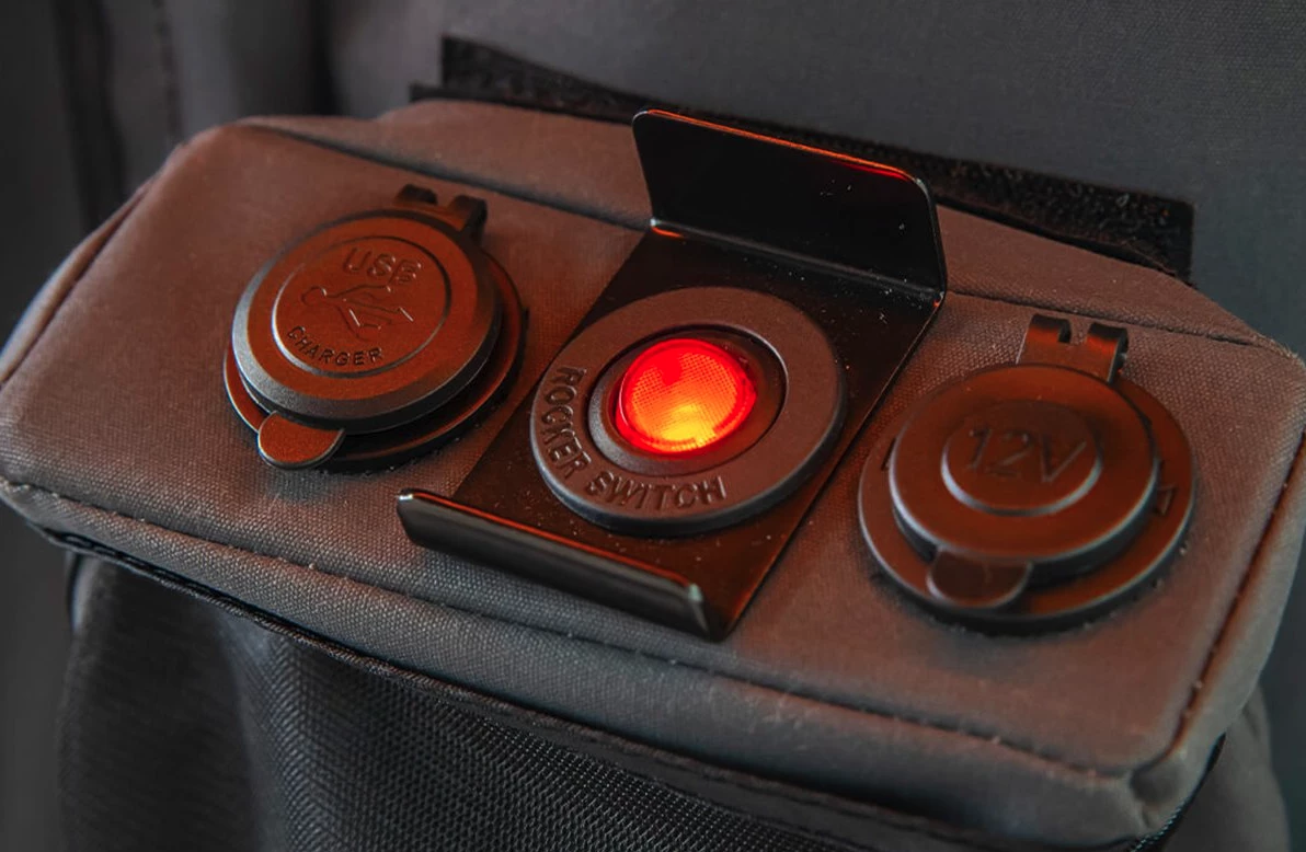 USB/12V outlets and the glowing red exterior power cutoff