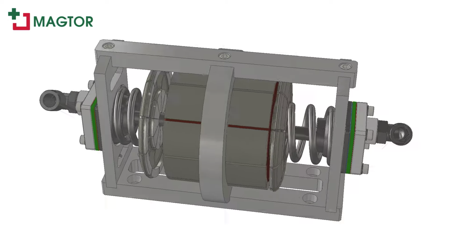 With springs and pump valves on either end, the Magtor pump becomes a two-way air compressor