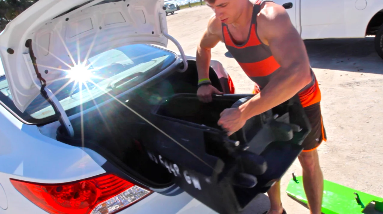 The BomBoard can be transported in the back of a compact car