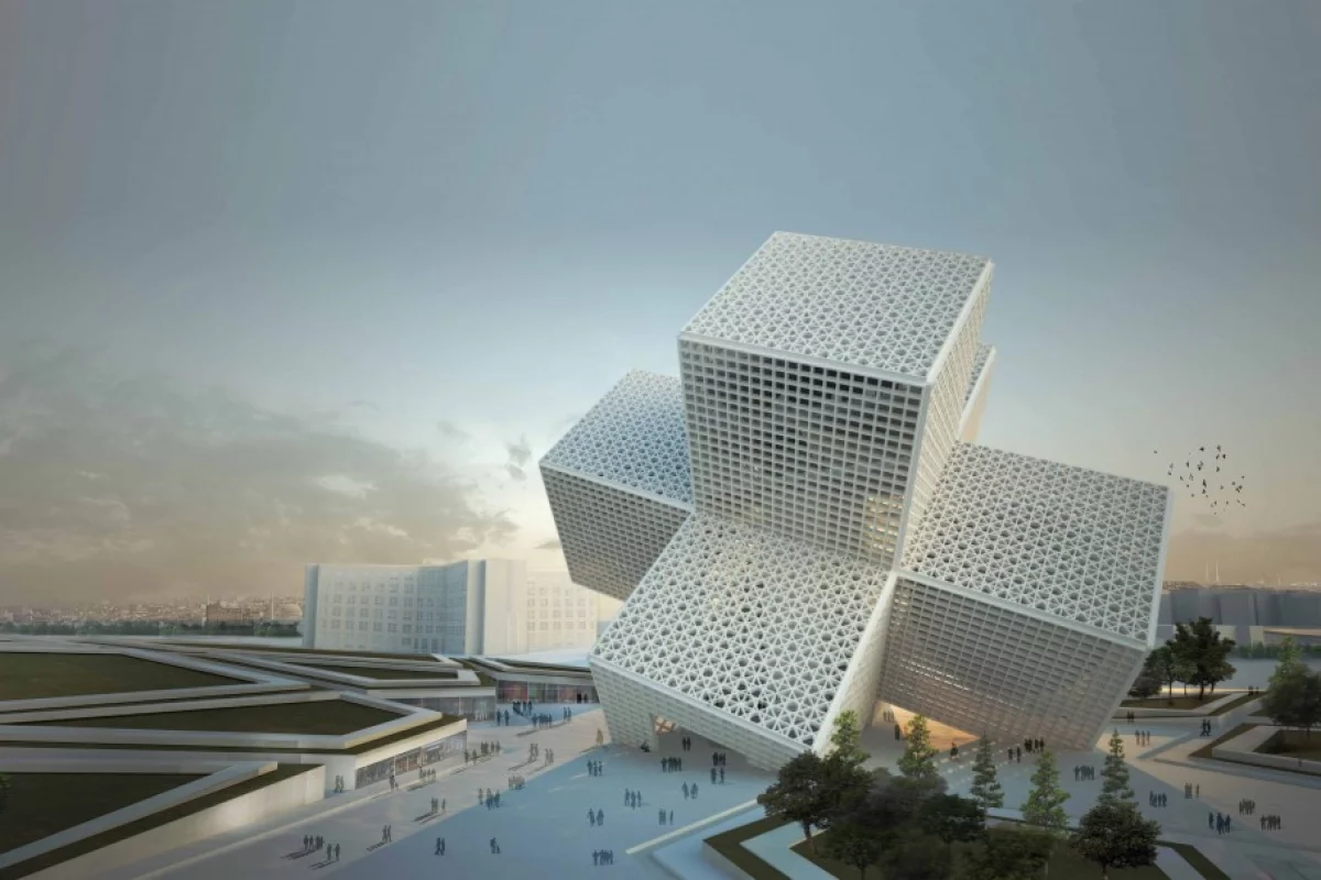 The design resembles an emergency cross symbol that has fallen onto its side, as if affected by an earthquake (image: OODA)