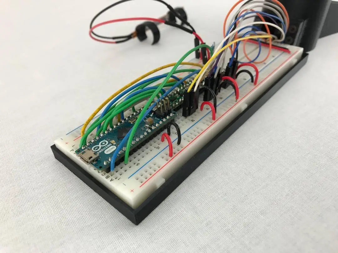 Breadboard circuitry of the Double Hand, with an Arduino microcontroller at its heart