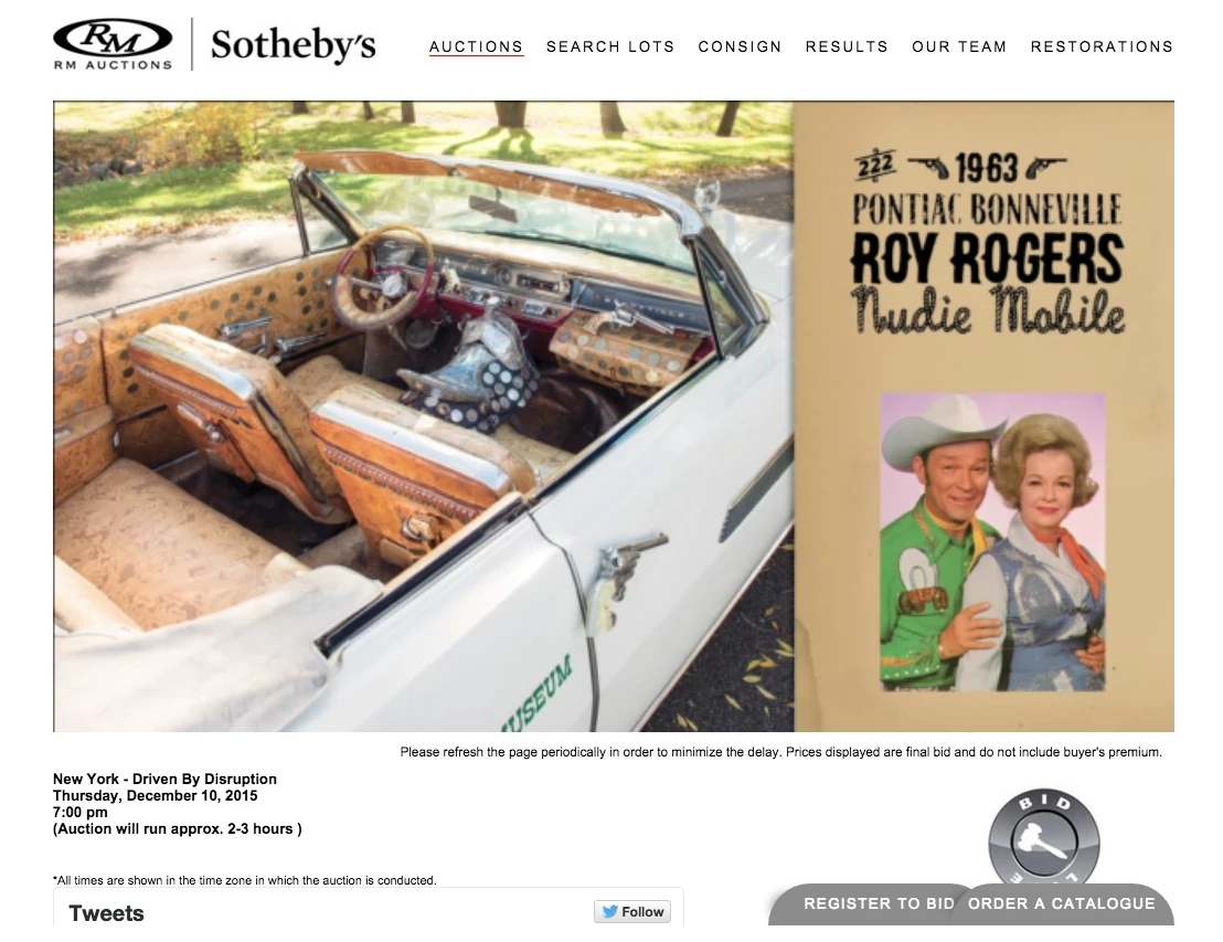 Roy Rogers' 1963 Pontiac Bonneville Nudiemobile fetched $308,000, which is a record for a Bonneville, but still less than his saddle ($386,500) or his Martin guitar ($554,500).