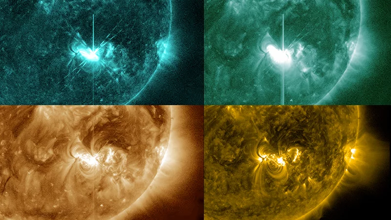This image shows four separate images of the M5.3 class flare from the morning of July 4, 2012. In clockwise order starting at the top left, the wavelengths shown are: 131, 94, 193, and 171 Angstroms. Each wavelength shows a different temperature of material, which in turn corresponds to different levels of the Sun's atmosphere. By looking at images in several wavelengths, scientists can track how a solar eruption moves through the layers (Photo: NASA/SDO/AIA/Helioviewer/TheSunToday)