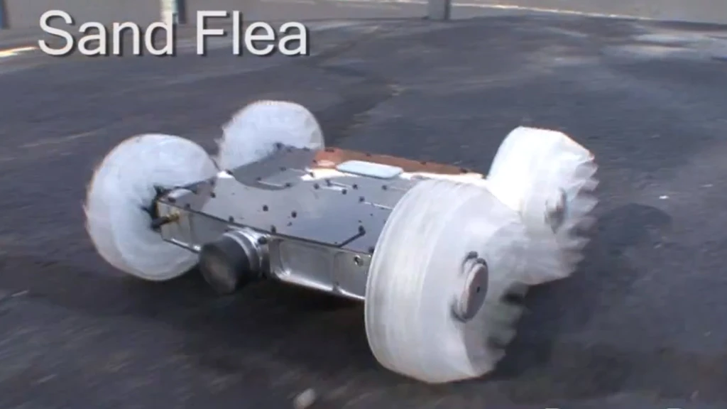 The Sand Flea robot can leap to heights of 30 ft (9 m) thanks to a CO2-powered piston visible on the rear
