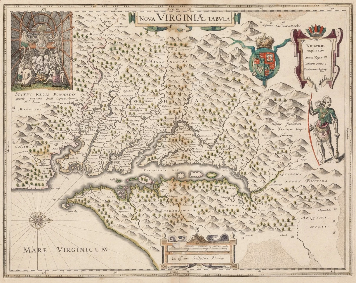 A fine example of Blaeu's map of Virginia and the Chesapeake region, which was based upon James Smith's map of Virginia, the most important map of Virginia published in the 17th Century. This 1640 map is estimated to sell for between $1,500 and $2,500.