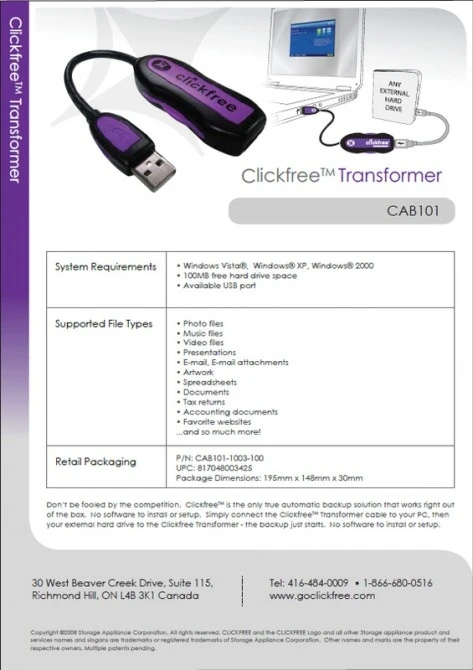 Clickfree's Transformer cable