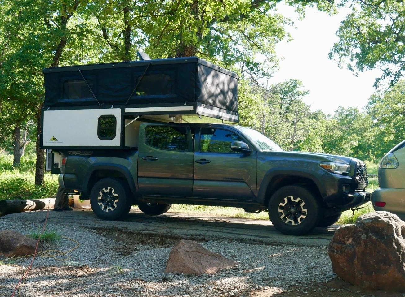 No wedge here – Peak gives campers nearly 7 feet of standing room with a full-length pop-up roof