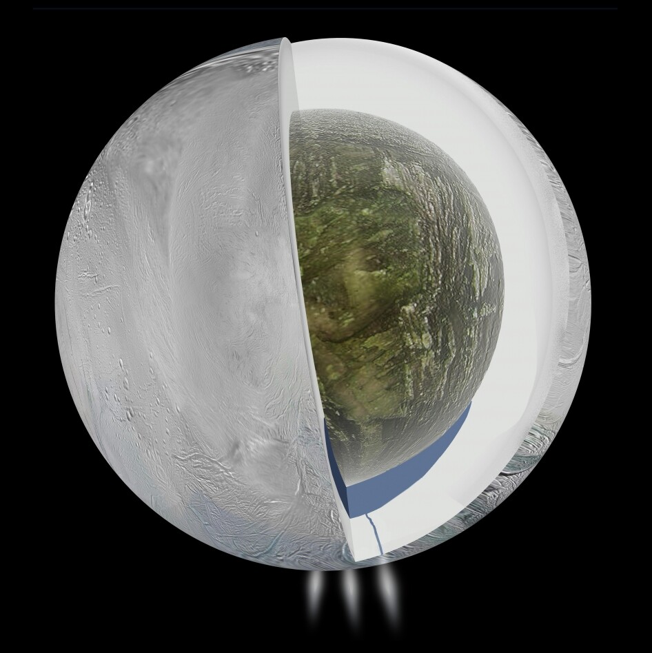 A cross section of Enceladus, with the subsurface sea depicted at the southern pole (Image: NASA/JPL-Caltech)