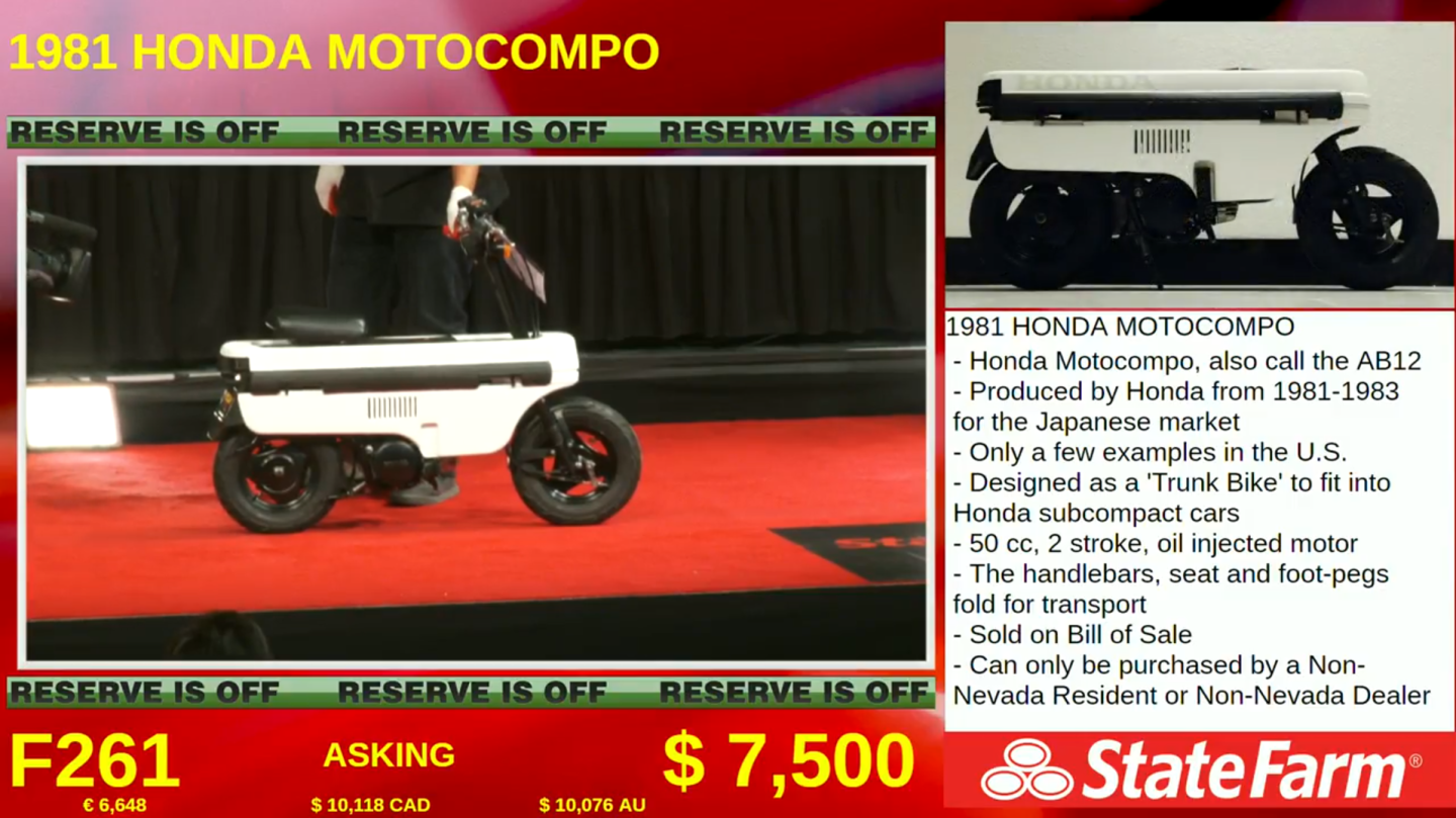 Very few of these "trunk bikes" from Honda made their way to America, though they were well-received in space-limited Japan in the 1980s and demonstrate just how far ahead of the game Honda has been in recognizing and building futuristic transportation solutions. There's every chance that one day this will be seen as a milestone motorcycle yet it fetched just $8,525. Auction Description