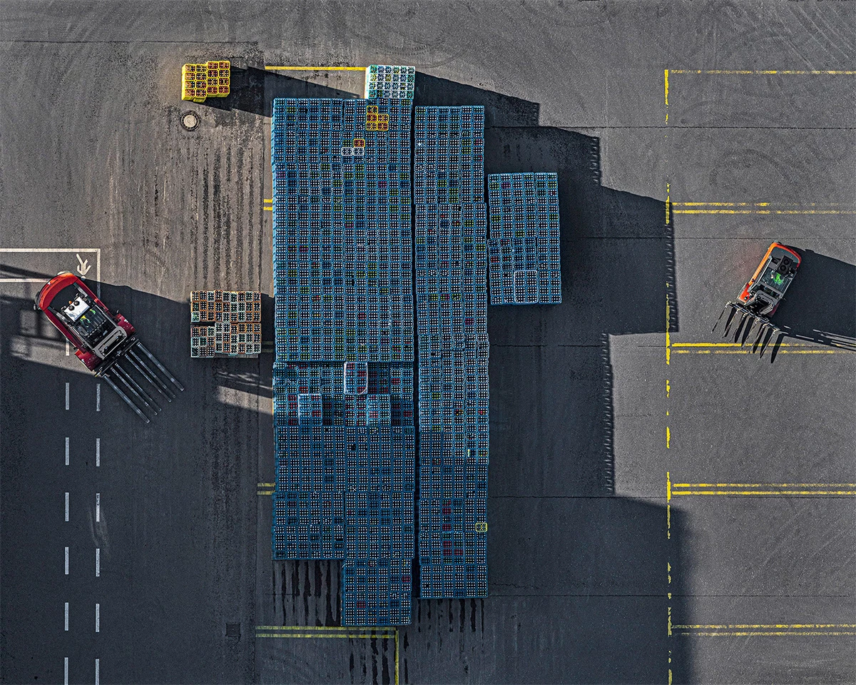 One of Lang's favorite recent projects is called Crate Stacks, looking at the Tetris-like patterns in crates at a German beverage manufacturing plant
