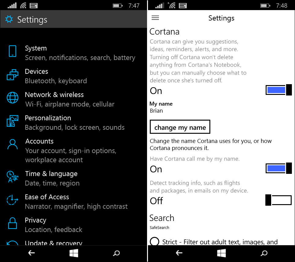 Settings are arranged in logical groups
