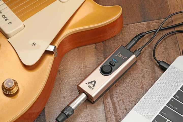The Apogee Jam X USB guitar interface features a built-in analog compressor with "three presets that respond to how much you drive the input gain"