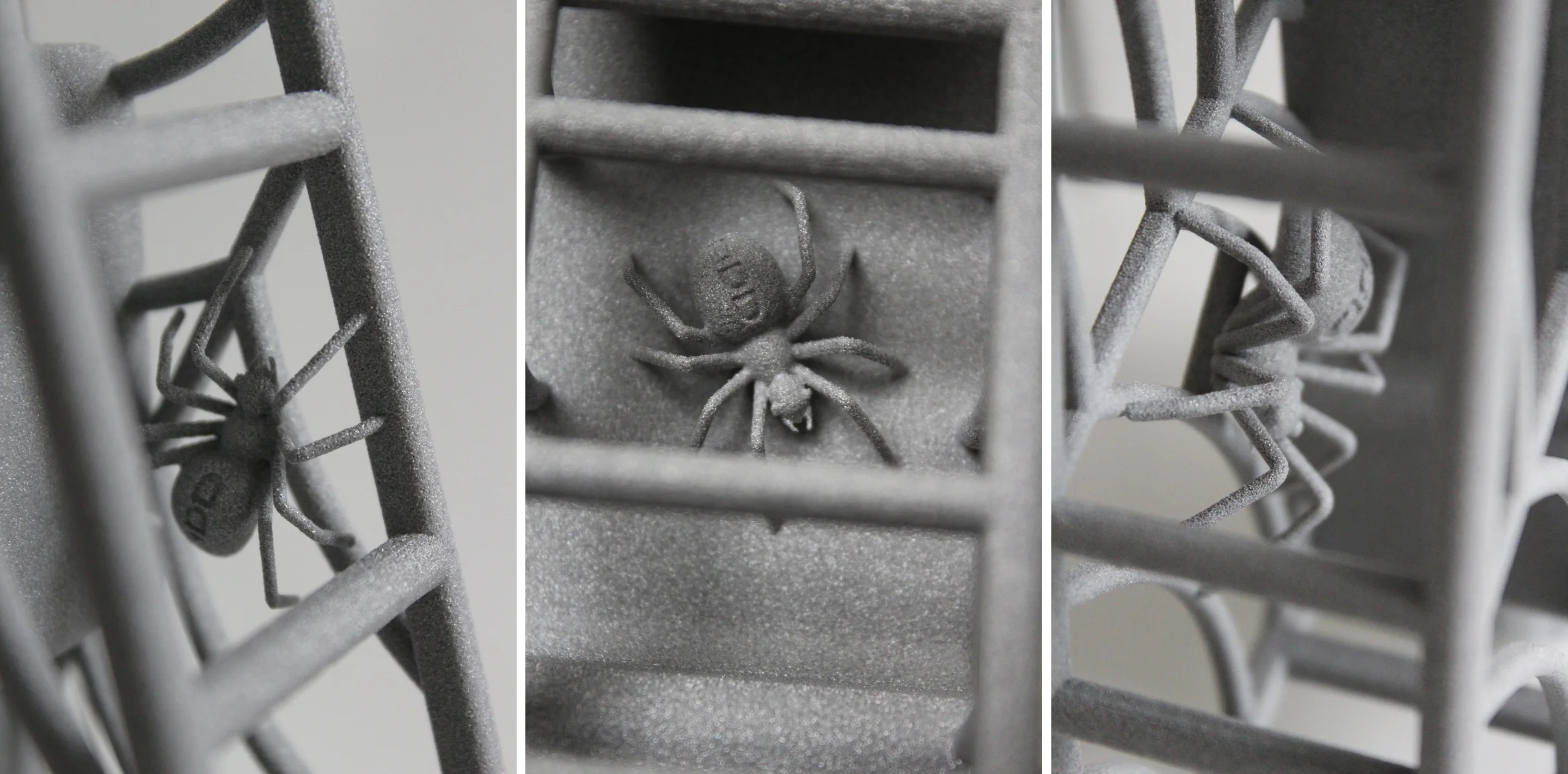 One of the spiders within the web of the 3D printed body of the Spider guitar