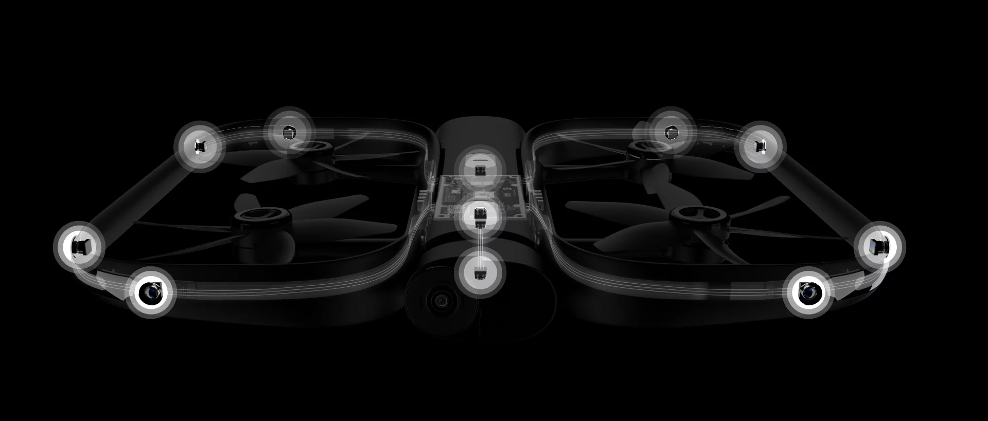 The R1 drone uses 13 onboard cameras and inertial measurement units to construct a map of its environment and track a person in the space