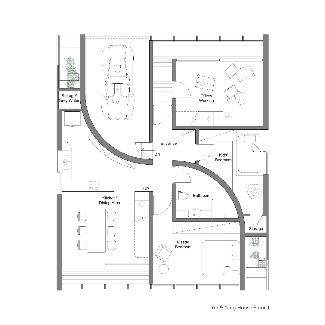 Ground floor, floor plans of the Yin & Yang house by Penda architects