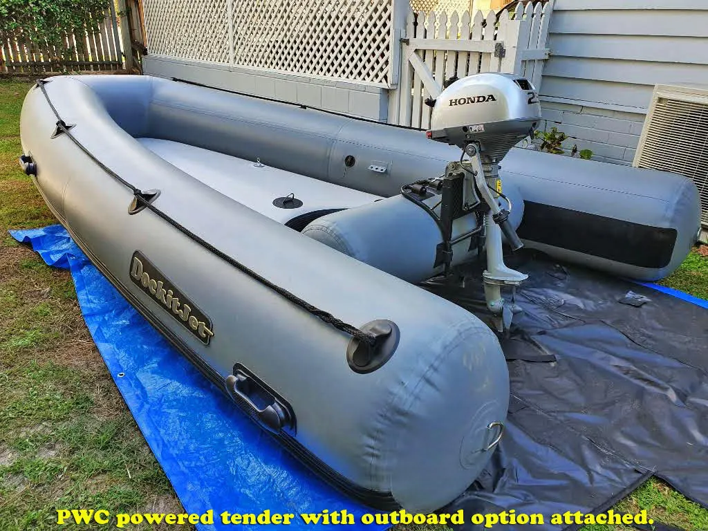 Dockitjet's inflatable boat can be powered by a docked jet ski or an outboard motor