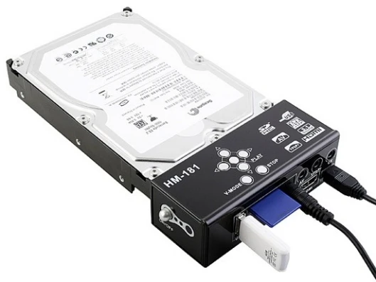 The Brando SATA HDD Multi-Media Player Adapter works with SATA hard drives, SDHC cards, and USB storage devices