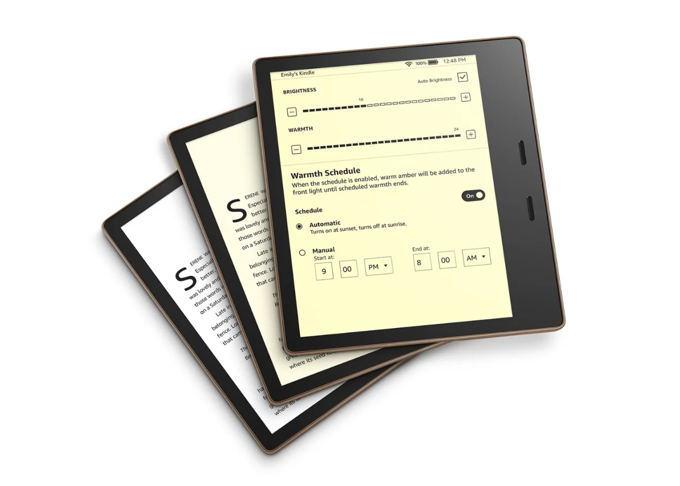 You can change the color tone on the new Kindle Oasis display manually, or match it to the sunrise and sunset