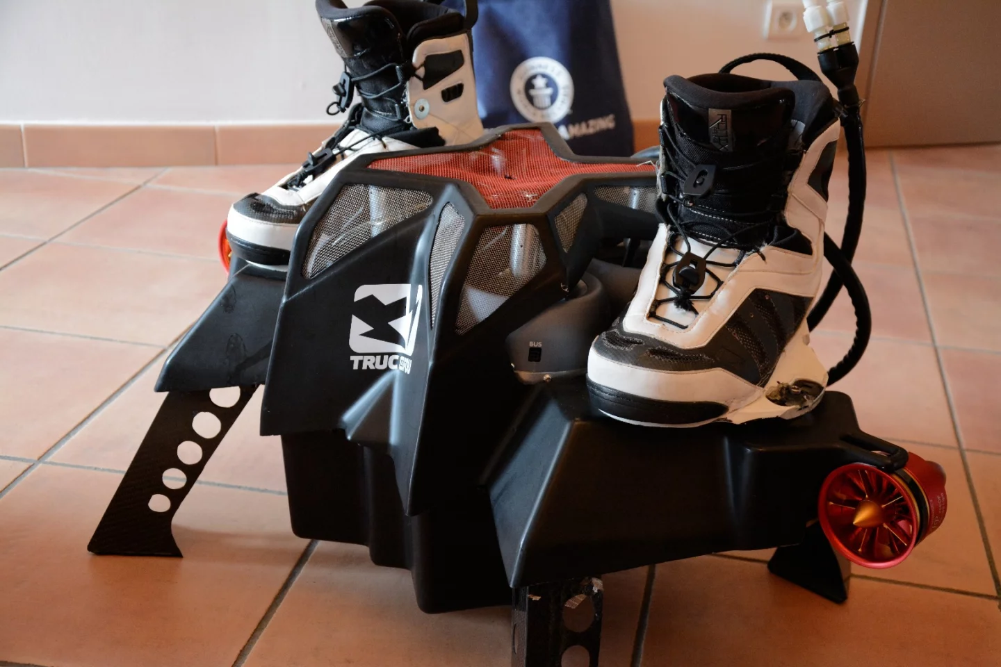 The Flyboard Air is built using carbon fiber, aluminum and steel