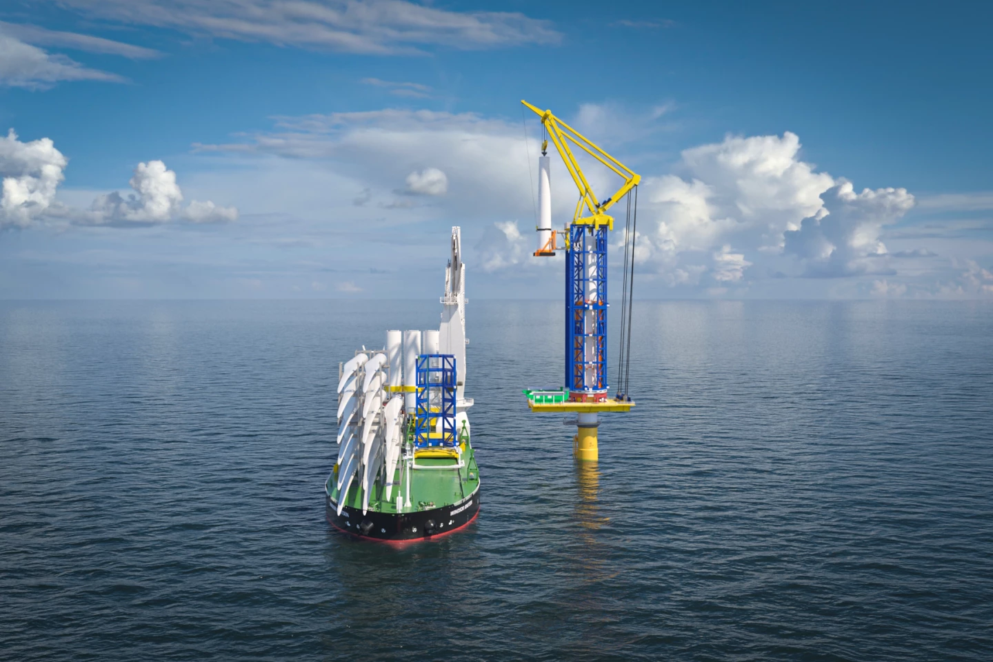 The scaffolding is built around the turbine tower as it rises, requiring no modifications to a standard design