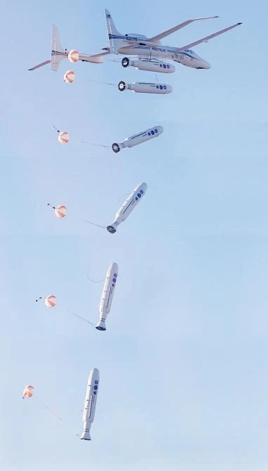 Time lapse photographs, taken at half-second intervals, show the release of the CXV capsule and the QuickReach II booster.
