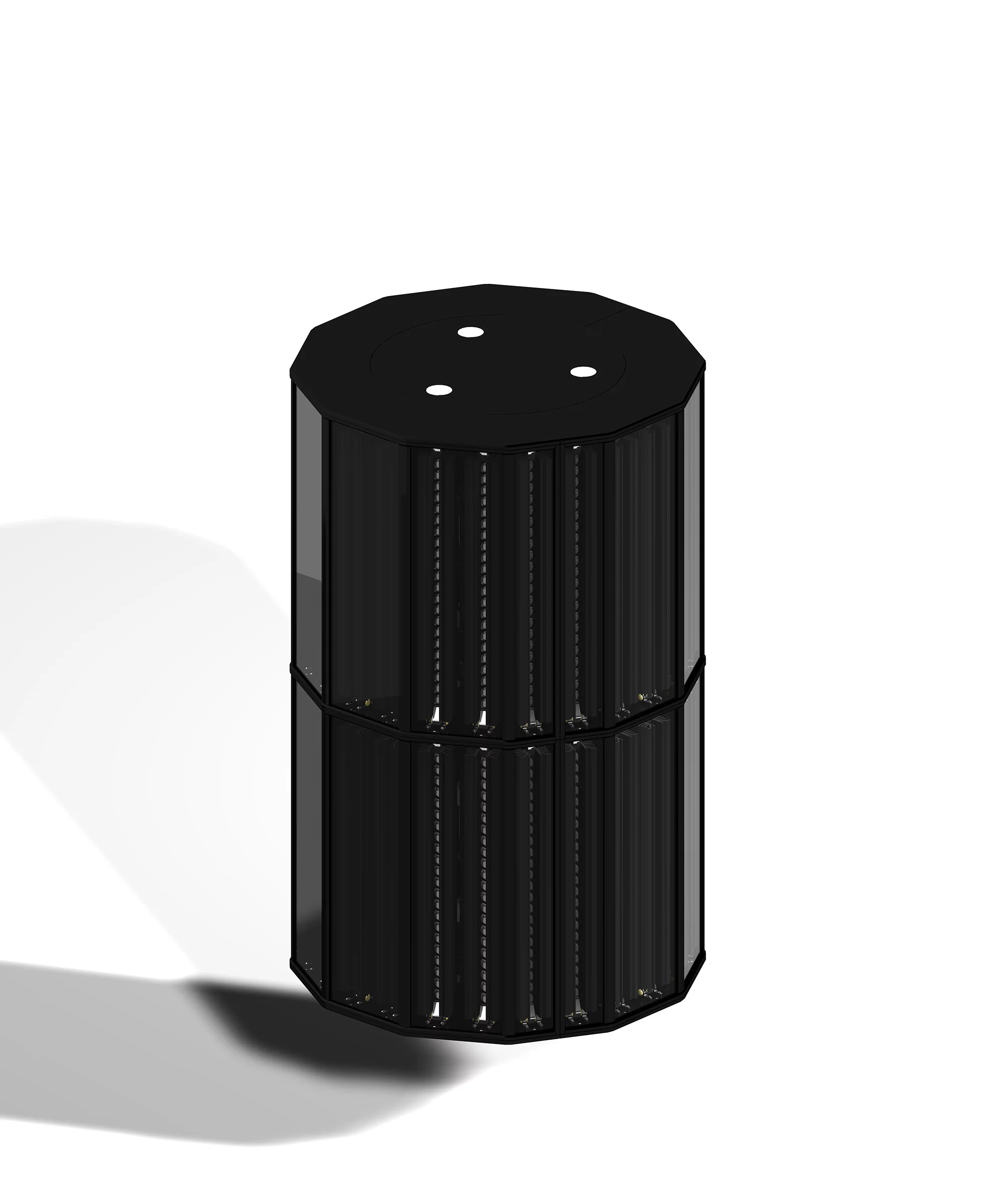 When at rest, the 12-sided power amplifier sits monolith-like in a corner of the room