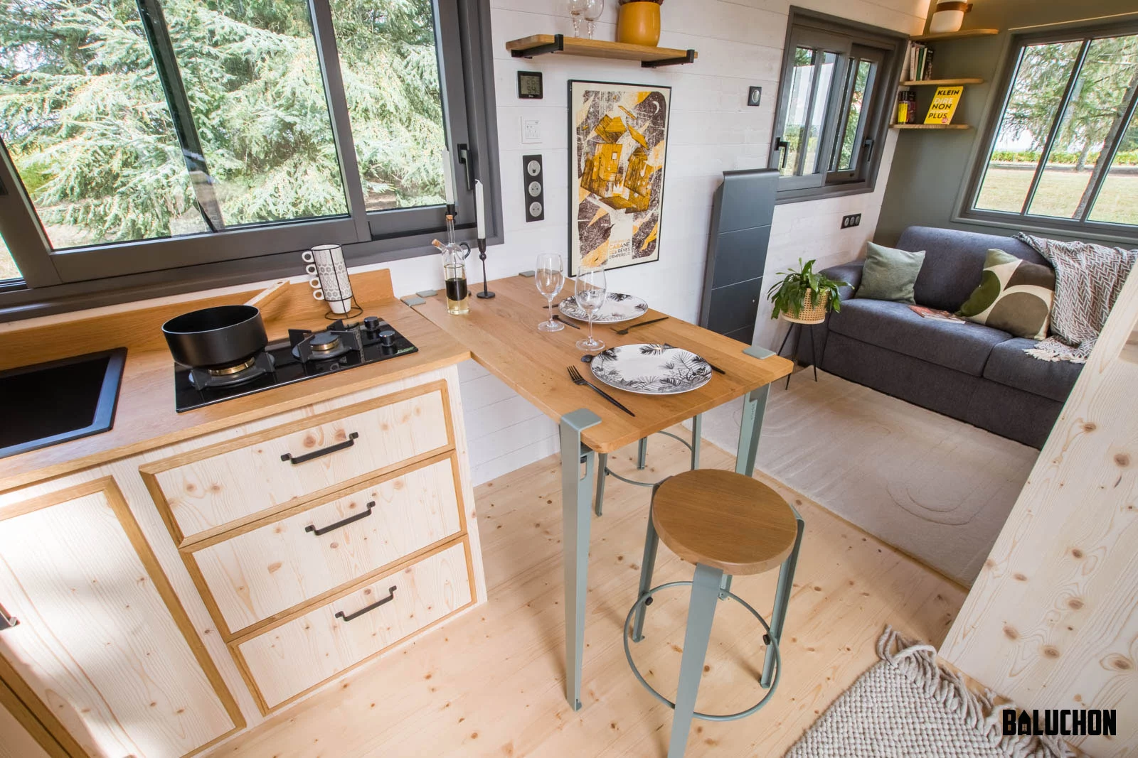 The Eucalyptus includes a dining table for two people, which can be moved to the side to free up floorspace when not in use