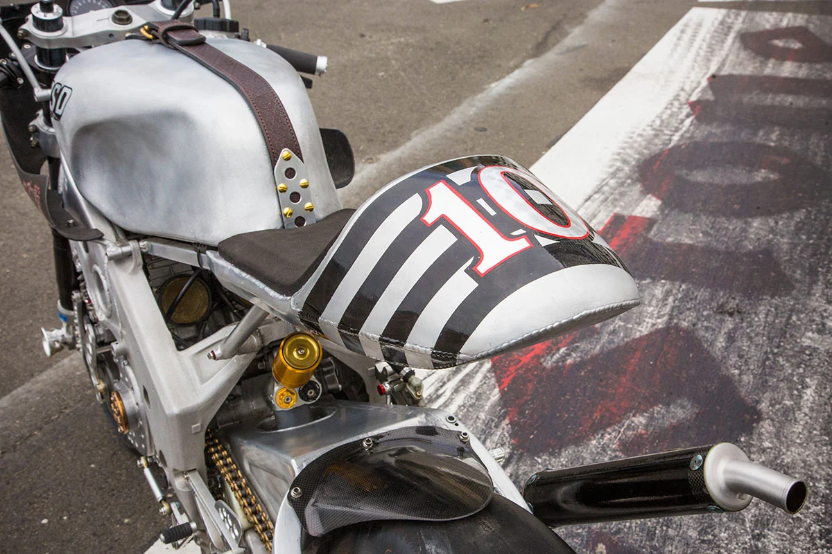 Custom pinstriping on the aluminum tail of the Roland Sands 2 Stroke Attack