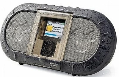 Shockproof, dust and water resistant, the Portable iPod Outdoor Speaker is the ultimate open-air accessory