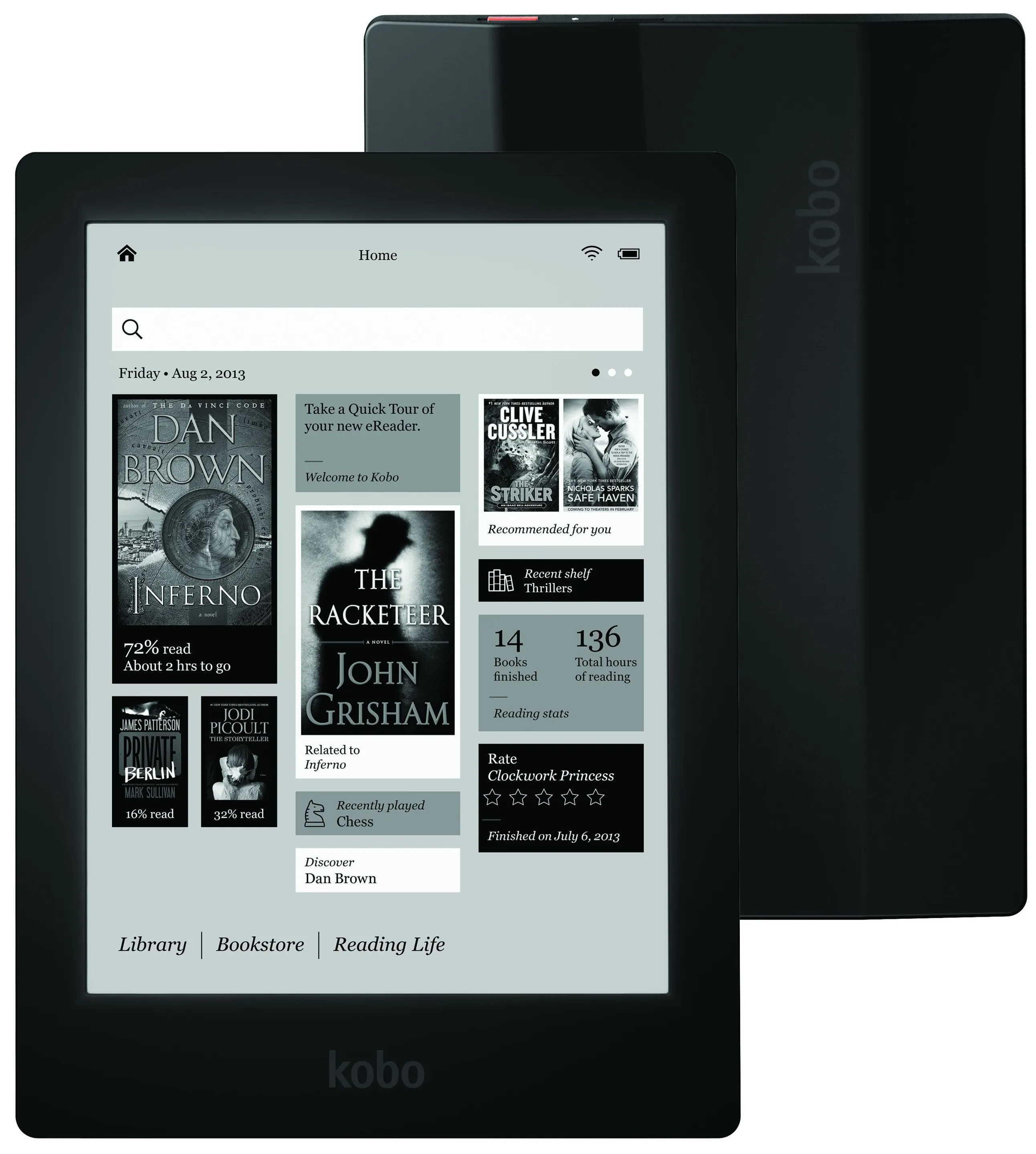 The Aura HD was designed to look and feel like a hardcover book, and that extends to the crisp 6.8-inch WXGA+ Pearl E-Ink display