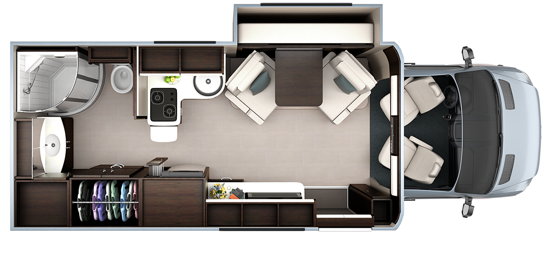 Unity motorhome combines Murphy bed and swivel recliners in comfy