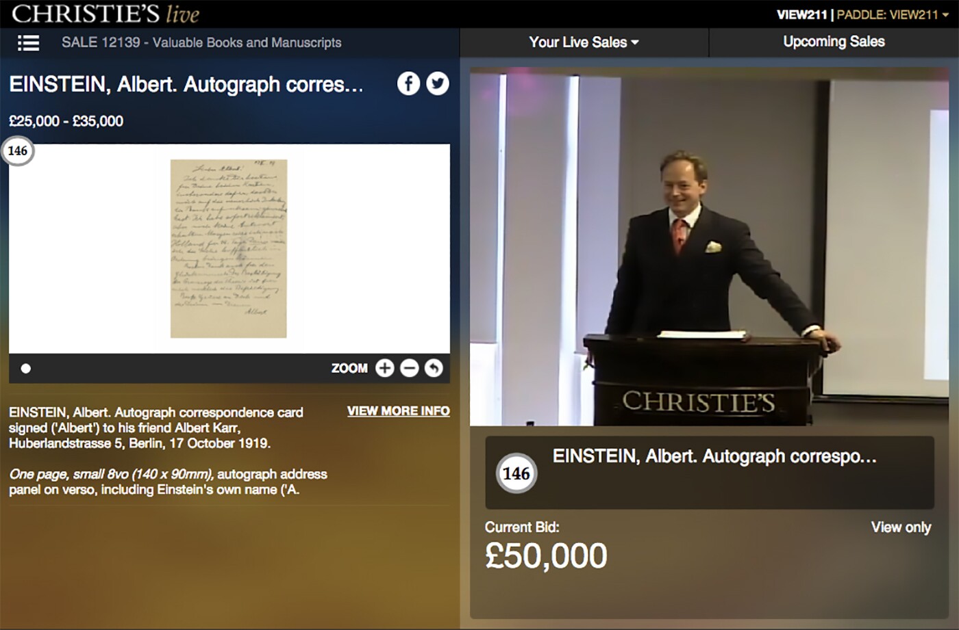 A 140 x 90mm correspondence card handwritten and signed by Einstein to his friend Albert Karr in 1919, fetched £74,500 ($98,417).