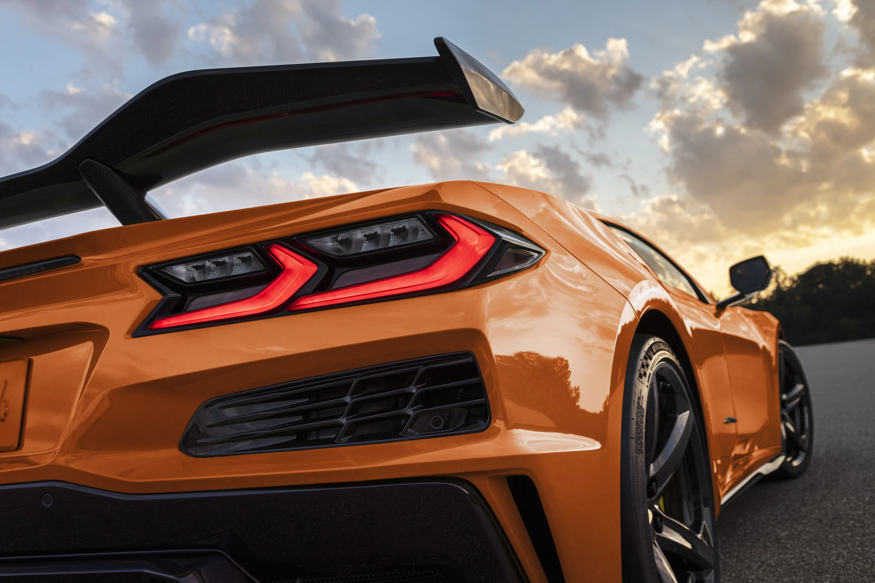 The 2023 Chevrolet Corvette Z06's rear includes an adjustable spoiler and available carbon fiber body fittings to improve downforce