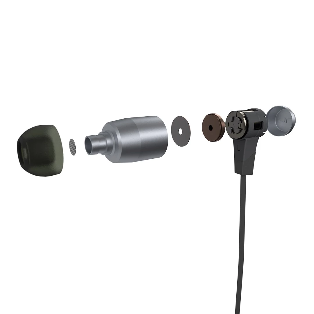 Exploded view of the Optoma NuForce BE6 Bluetooth earphones, showing the new 10 mm driver, magnetic rear and proprietary silicone tip