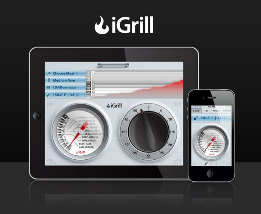 The iGrill is a cooking thermometer that transmits the temperature of cooking meat to its user's iPhone, iPod or iPad, via Bluetooth